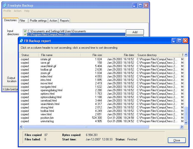 Freebyte Backup program interface